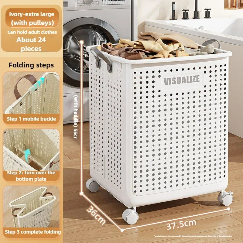 Folding Dirty Clothes Basket with Wheels Movable Laundry Hamper Storage Baskets Bathroom Large Capacity Dirty Clothes Basket