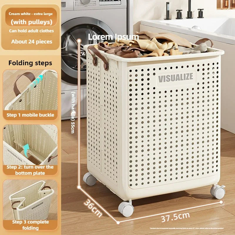 Folding Dirty Clothes Basket with Wheels Movable Laundry Hamper Storage Baskets Bathroom Large Capacity Dirty Clothes Basket
