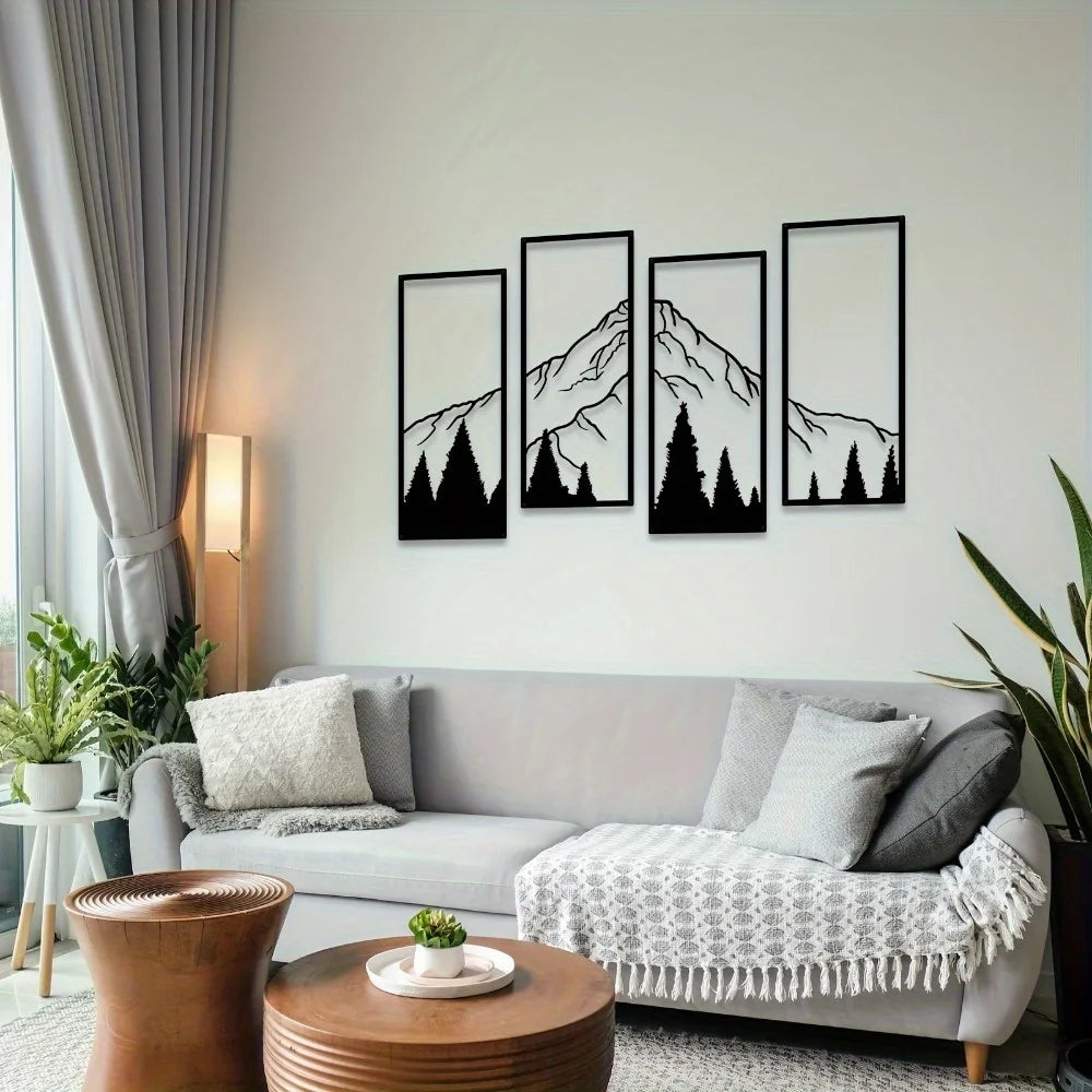 4pcs Minimalist Metal Mountain Wall Decor - Square Sculpture for Home, Office, Living Room, Bedroom - Unique Wall Art Decor