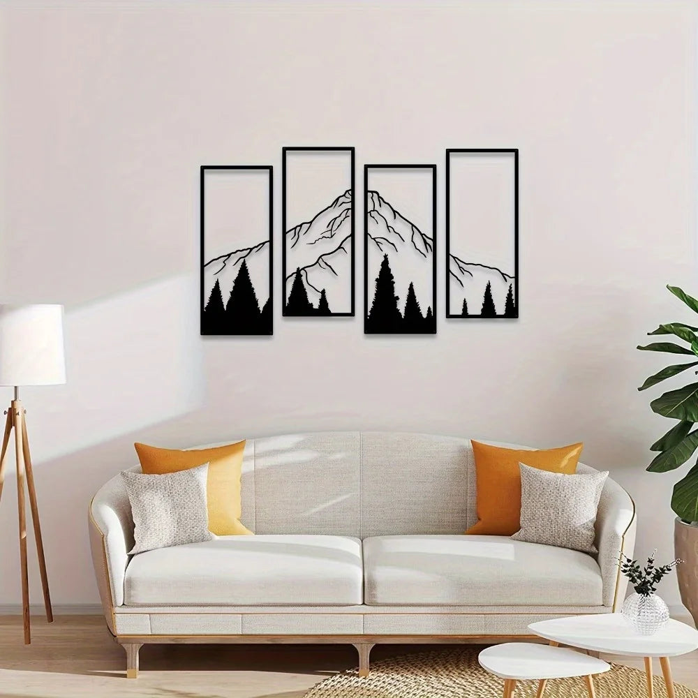 4pcs Minimalist Metal Mountain Wall Decor - Square Sculpture for Home, Office, Living Room, Bedroom - Unique Wall Art Decor