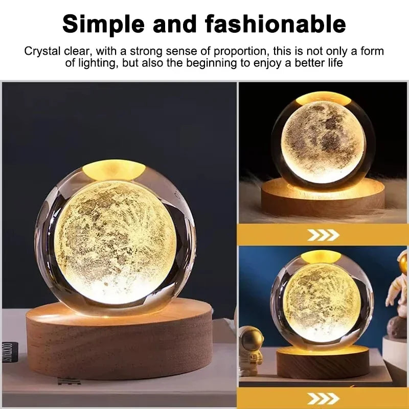 6cm 3D Planet Crystal Ball LED USB Night Light Solar System Galaxy Table Lamp Glowing Moon Sphere For Bedroom Decoration Gift
