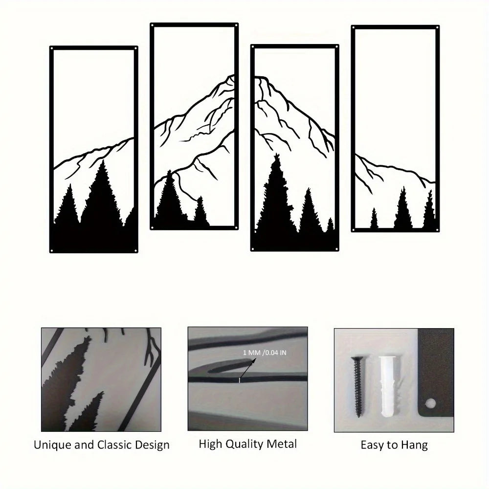 4pcs Minimalist Metal Mountain Wall Decor - Square Sculpture for Home, Office, Living Room, Bedroom - Unique Wall Art Decor