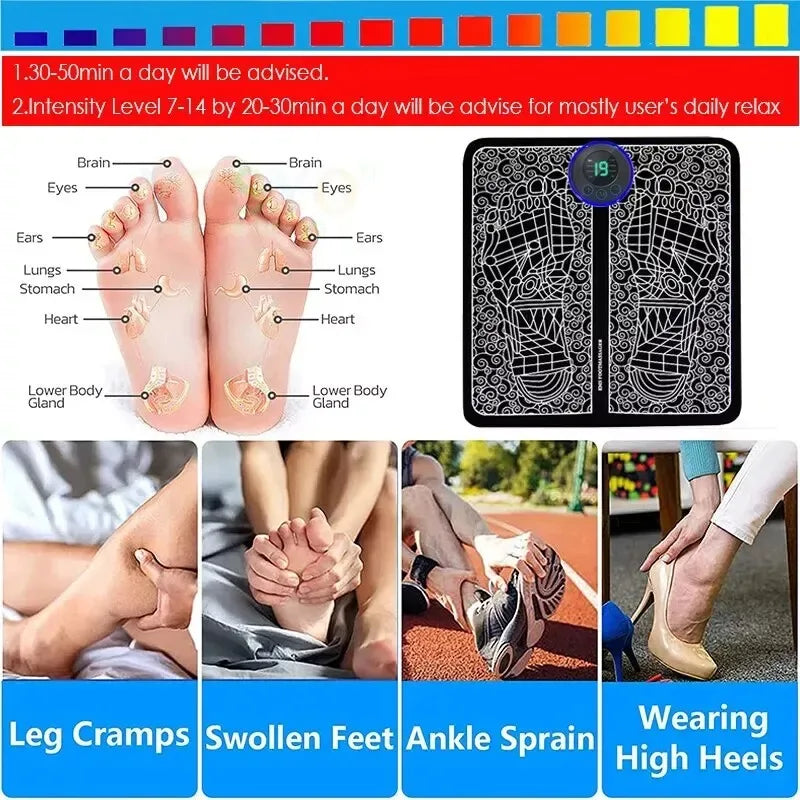 EMS Pulse Foot Massger Sole Massage Pad Current Stimulation 8 Modes 19 Level Electric EMS Foot Massager Pad Relax Feet Leg