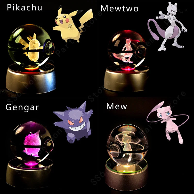 Pokemon Crystal Ball 3D Pikachu Gengar Mewtwo Night Light Lamp Pokeball 3D Glass Pokemon Crystal Ball Statue Kids Birthday Gift