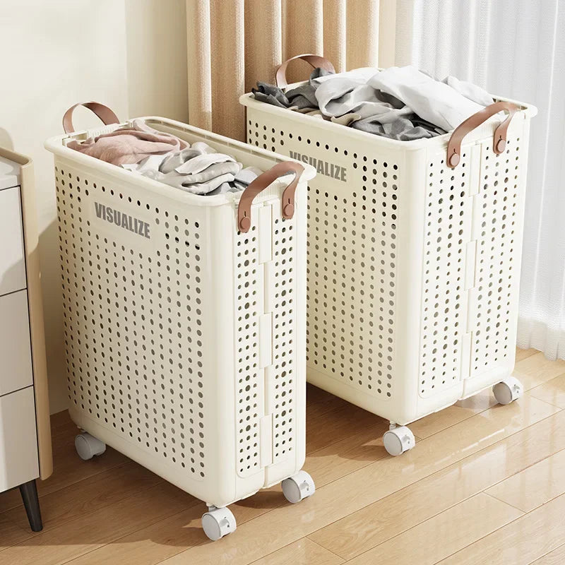 Folding Dirty Clothes Basket with Wheels Movable Laundry Hamper Storage Baskets Bathroom Large Capacity Dirty Clothes Basket